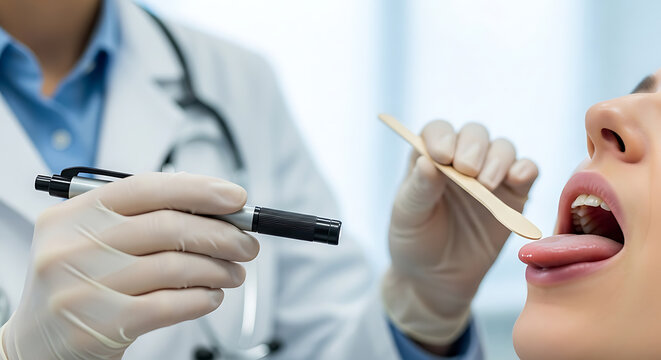 Doctor performing throat examination on patient with tongue depressor and penlight during medical check-up