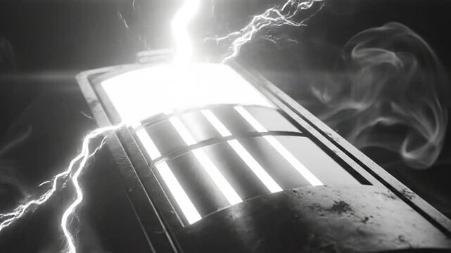 Charging and exploding battery with electricity and smoke in a dramatic black and white style