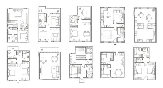 Collection of Detailed Architectural Floor Plans for Residential Buildings.