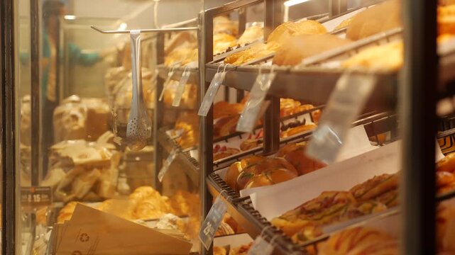 A customer selects fresh baked goods from a glass bakery display in a supermarket, choosing bread and pastries from the shelf. Bakery selection.