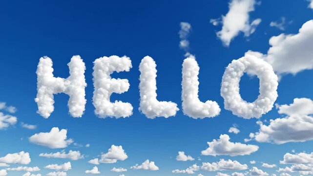 HELLO written in clouds against a backdrop of a clear blue sky dotted with white fluffy clouds