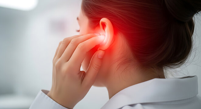 Woman experiencing ear pain, highlighted in red. Medical concept of earache, infection, inflammation, or hearing problems.