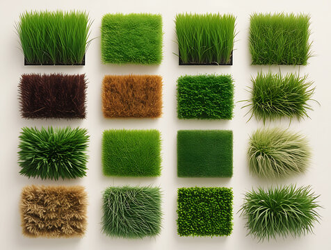 Top view grass texture collection with various lawn and turf squares, ideal for landscape presentations, garden plans, game assets, and outdoor mockups.