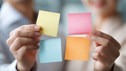 Obraz premium A marketing team using sticky notes for strategy planning 