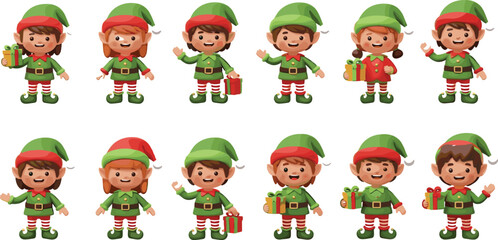 Fototapeta premium Cute Christmas Elf Characters Set with Gift Boxes and Festive Costumes for Holiday Design, Children Illustration, Greeting Cards, and Seasonal Vector Collection