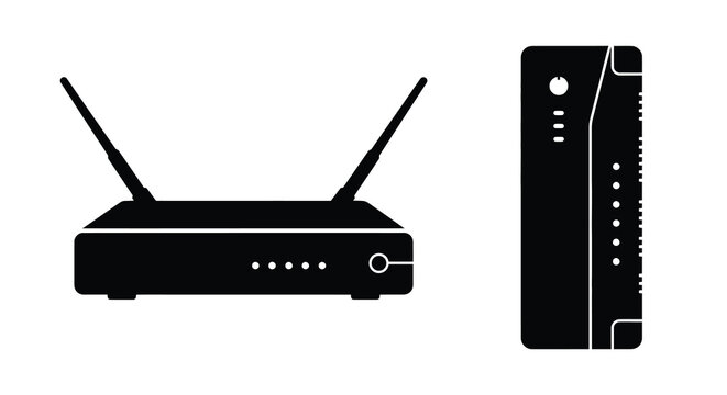 Black and white illustration of a wireless router and network adapter