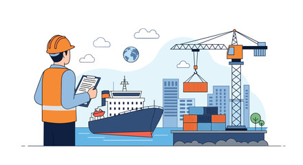 Fototapeta premium Logistics manager wearing safety gear inspecting a large cargo ship being loaded with containers at a busy industrial port.