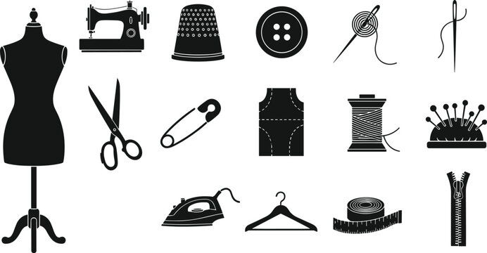Sewing and tailoring tools icon set featuring mannequin scissors needle thread button zipper silhouette collection isolated on white background