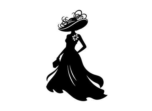 Fashionable woman wearing an elegant dress and large hat silhouette. Derby attendee concept. Vector illustration isolated on transparent background