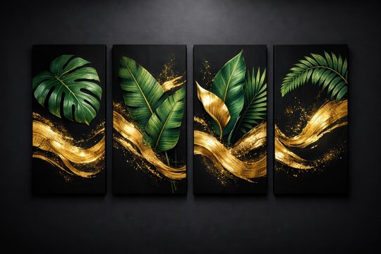 Tropical Elegance: An eye-catching artwork showcases lush, vibrant tropical leaves and luxurious gold accents. Evoking a sense of opulence and natural beauty. 