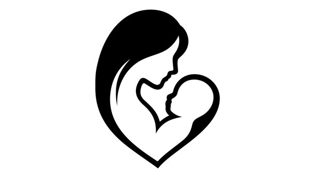 Minimalist black and white vector illustration of a mother holding her baby in a heart-shaped silhouette, symbolizing maternal love, care, and the bond between parent and child graphic icon.