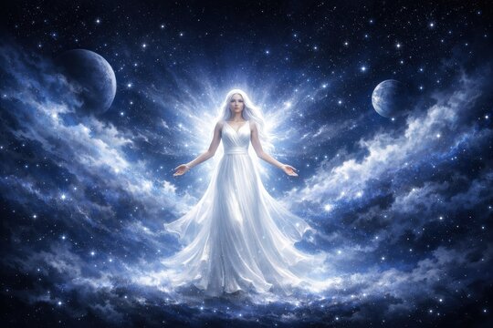Celestial Guardian: A celestial being, radiating ethereal light, extends a welcoming embrace amidst a cosmic ballet of stars and nebulas, under a canopy of planetary bodies.