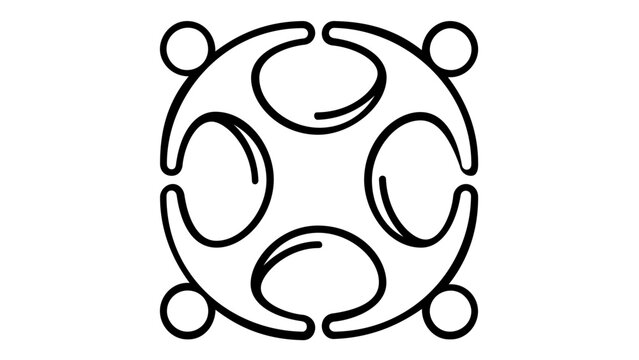 Minimalist vector icon illustration of four people figures in a circle embracing, symbolizing community unity, teamwork, collaboration, social connection, partnership, and togetherness.