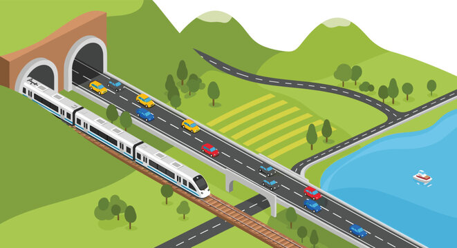 Isometric view of a modern high speed train passing through a mountain tunnel alongside a busy highway with colorful cars.