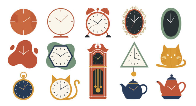 Flat vector illustration featuring an assortment of clocks in different shapes and styles, from traditional to whimsical.