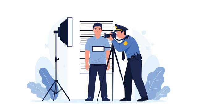 Police officer in uniform using a professional camera to take a mugshot of a suspect standing in front of a measurement chart.