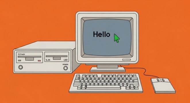 Retro computer with hello screen on monitor