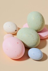 Pastel Speckled Easter Eggs Scattered Composition Cream Background Minimal Nordic Spring Vertical