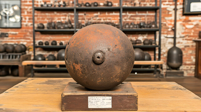 A rusty, old cannonball sits on a wooden display stand in a room filled with similar artifacts