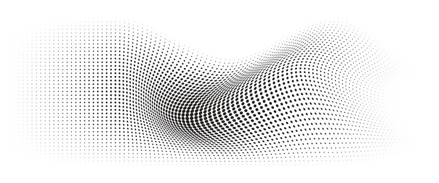 Flowing Wave Dot Halftone Pattern: Curve Gradient Shape on Transparent Background. Suitable for AI, Tech, Network, Digital, Science, and Technology Themes.