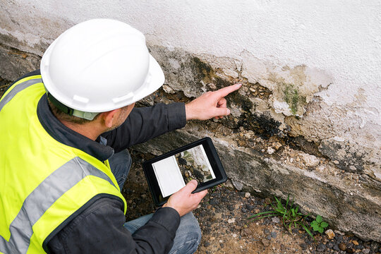 Inspector in white helmet and reflective vest examining damaged building foundation with tablet, structural damage assessment, construction site inspection, property risk evaluation.