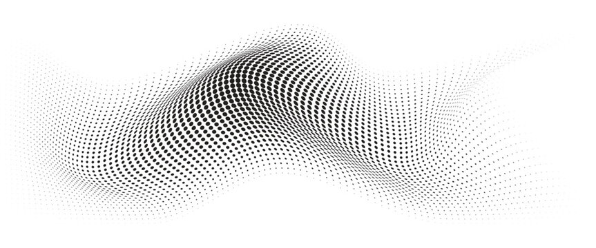 Flowing Wave Dot Halftone Pattern: Curve Gradient Shape on Transparent Background. Suitable for AI, Tech, Network, Digital, Science, and Technology Themes.