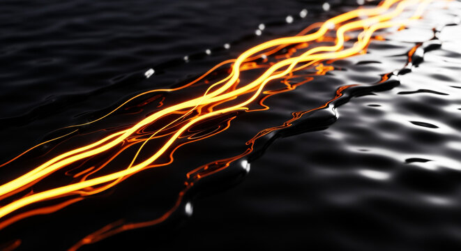 水面に流れる金色の光のラインと抽象的なエネルギー背景