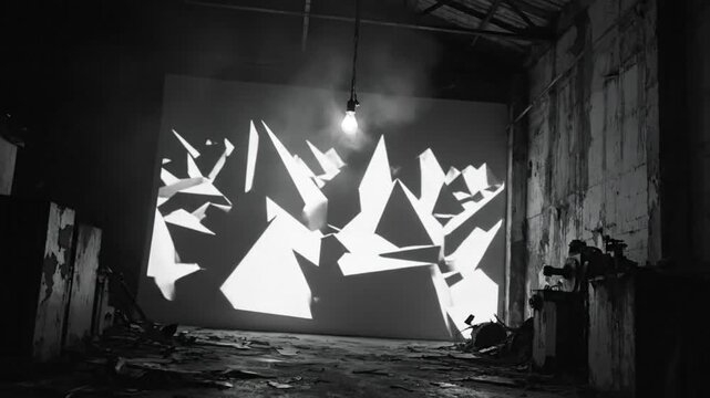 Black and White Artistic Installation Featuring Light Bulb Hanging with Geometric Shape Projections onto Wall in Dark Room