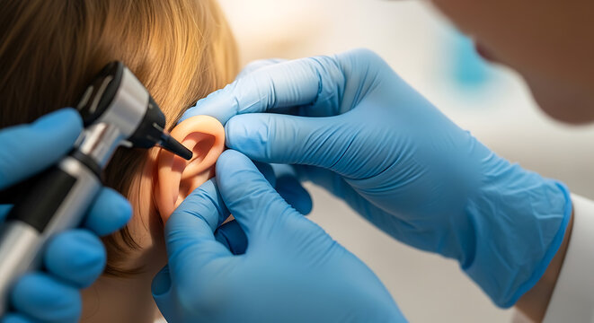 Pediatric ear examination: Doctor with otoscope checking a child's ear for health issues.