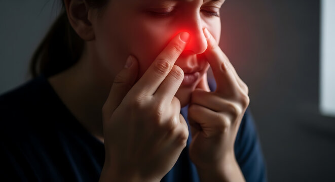 Woman suffering from sinus pain, allergies, or cold, pressing her nose. Red highlight indicates inflammation and discomfort.