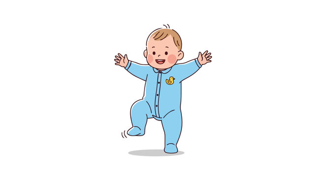 Cute Cartoon Baby Taking First Steps in Blue Footed Pajamas