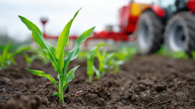 Tractor tending young corn plants in motion on fertile soil