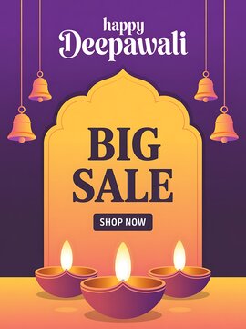 Happy deepawali big sale poster with diyas and bells on purple background