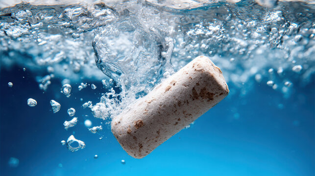 Cork floating underwater with bubbles around showing importance of earth day and recycle efforts to protect nature and water environment