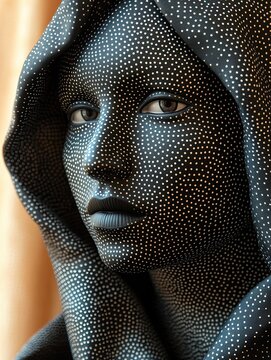 A futuristic human face covered in a digital pattern, artificial intelligence and identity transformation.