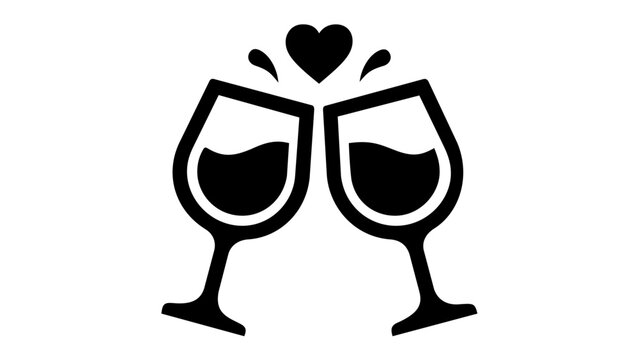Romantic vector illustration of two wine glasses clinking in a toast with a heart symbol and splashes, minimalist flat icon for date night, anniversary celebration, and love, AI-generated art.