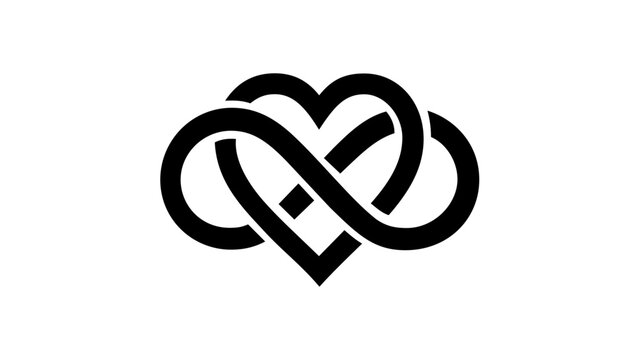 Intertwined heart-and-endless-loop emblem glowing in deep burgundy and rose-gold tones, a refined minimalist glyph encapsulating undying devotion, polyamorous unity, and romantic commitment for