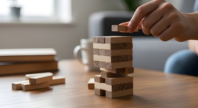 A person carefully building a tower with wooden blocks on a table
