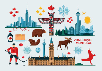 Naklejka premium Canadian Culture and Travel Illustration: National Symbols, Landmarks, Wildlife, and Icons Set
