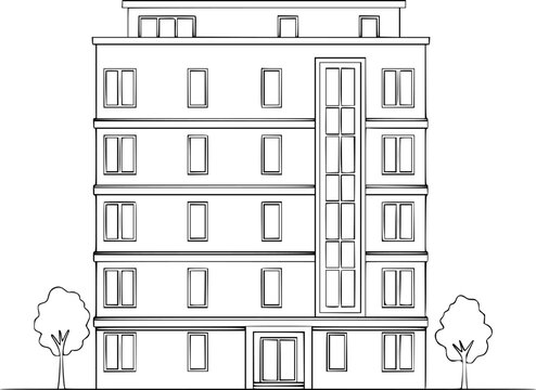 Simple line of a modern multi story apartment building with trees either side house