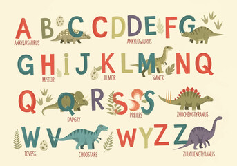 Dinosaur Alphabet Poster for Kids - Educational Prehistoric ABC Chart with Cute Cartoon Dinosaurs and Letters for Nursery and Classroom Decor © Graphicnoell