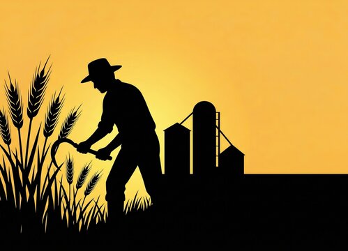 Generated AI - Silhouette of a hard-working farmer harvesting golden wheat field with a scythe.