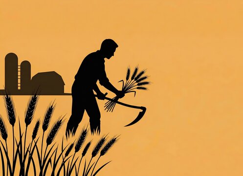 Generated AI - Silhouette of a hard-working farmer harvesting golden wheat field with a scythe.