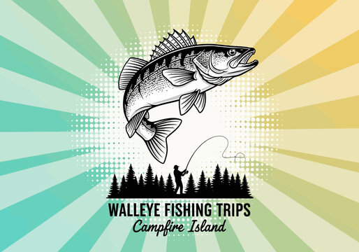 Retro Walleye Fishing Trips Illustration with Jumping Fish, Fisherman Silhouette, and Pine Forest on a Vibrant Sunburst Background