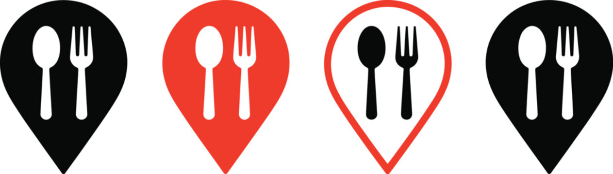 Restaurant map pin symbol vector icon set, location marker with fork and spoon