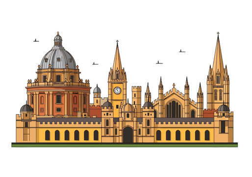 Oxford England Skyline Illustration Featuring Radcliffe Camera and University Architecture - Flat Vector Landmark Design