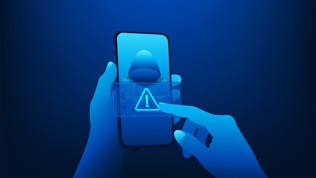 Cyber security technology background smartphone with a hacker on screen, representing data protection, network security, anti-phishing, scam prevention, secure mobile communication in digital