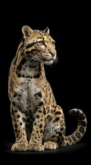 Naklejka premium Clouded leopard sitting against a black background. Vertical portrait of an endangered wild cat with spotted fur. Endangered Species Day