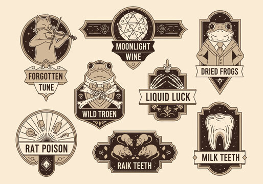 Vintage Apothecary Labels and Mystical Potion Sticker Set, Retro Hand-Drawn Occult Illustrations with Cat, Frog, and Moon Elements for Halloween and Dark Academia Designs
