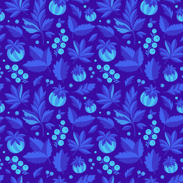 Blue berries and leaves. Vector seamless pattern.